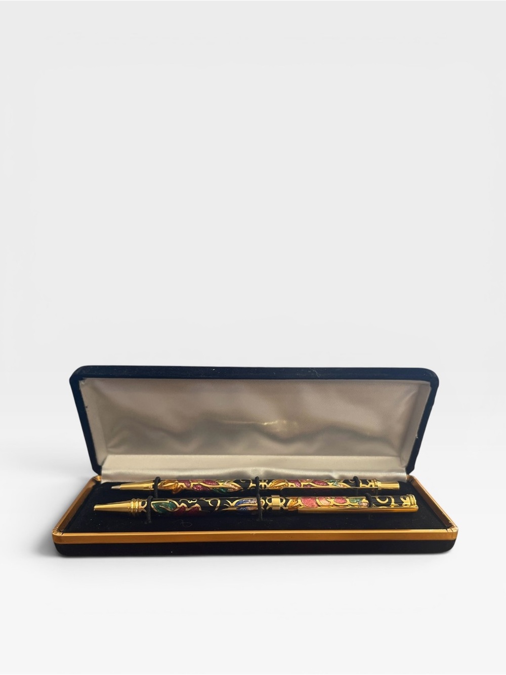 Vintage Cloisonné Pen & Pencil Set in Box. Gold Tone Floral Black Enamel